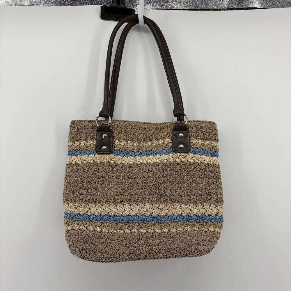 Crocheted Striped Tote‎ Bag Brown Tan Blue Faux Leather Handles